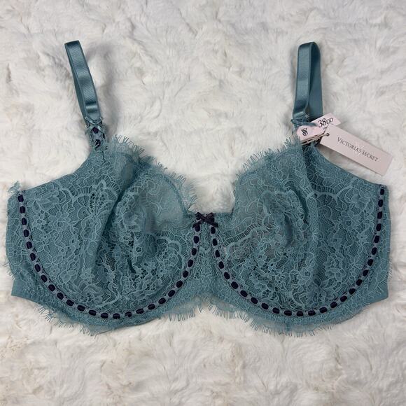 Victoria Secret Bra Push Up Sea Green Lace Ribbon Trim Dream Angels SZ.38DD New - Picture 1 of 8